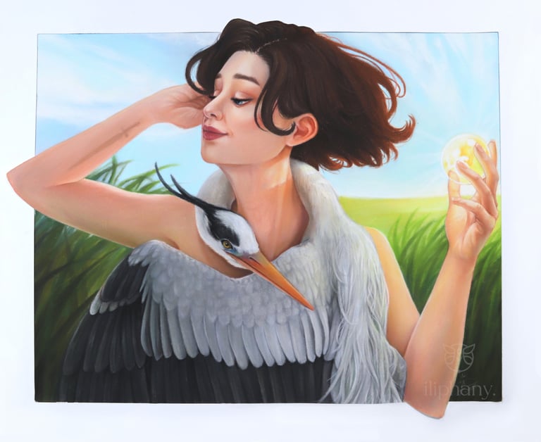 pastel painting depicting a woman and a heron in a grass field