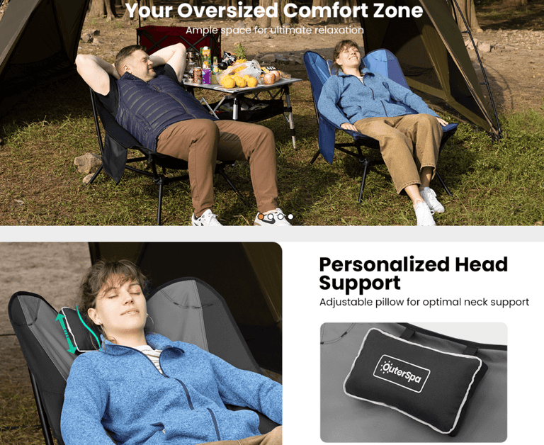 campers using OuterSpa chair while camping next to sun cover, food and campsite table