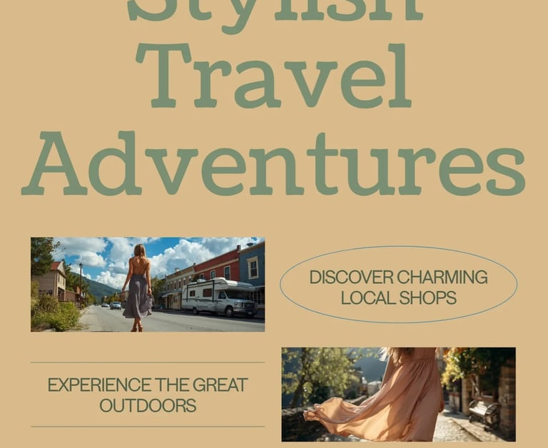 Woman in flowy travel dress exploring small mountain town near RV park — Horacio & Visconti