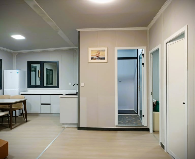 Intérieur moderne avec cuisine équipée, coin repas et murs composites pour maison préfabriquée.