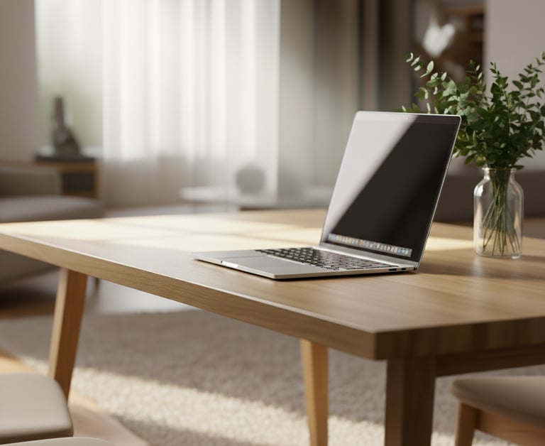side view of a laptop on a desk in an airy room for a telehealth therapy or clinical supervision