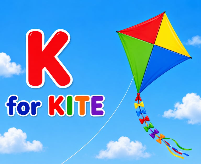 Educational poster showing a colorful diamond kite flying in a blue sky for the letter K.