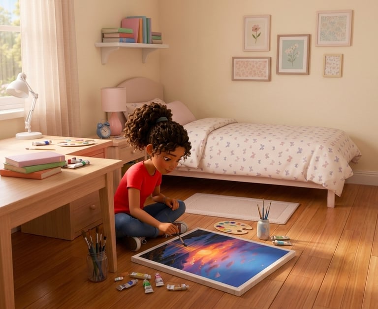 Young girl painting a sunset on canvas in her cozy, sunlit bedroom with art supplies.