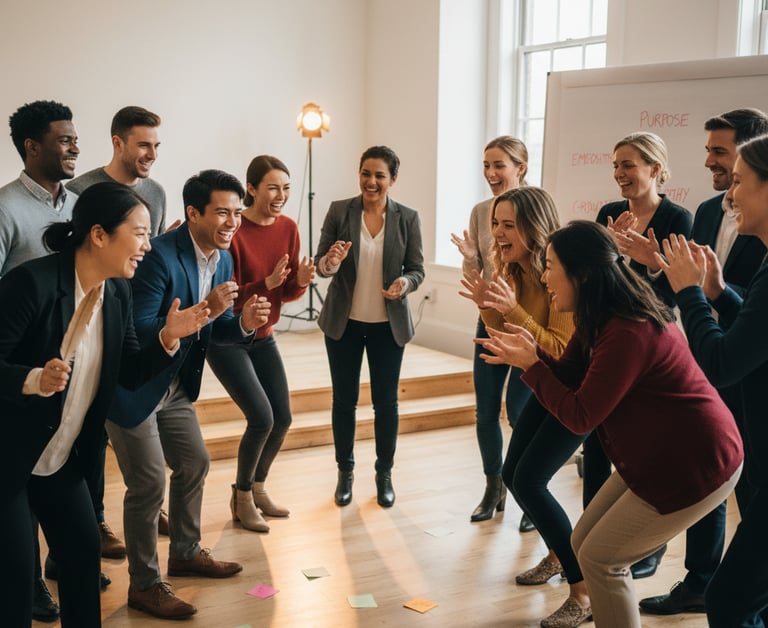 Diverse team of office professionals celebrating and clapping during a collaborative corporate workshop.