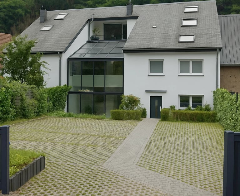 Maison moderne blanche avec grande véranda en verre, toit gris et allée pavée entourée de verdure.