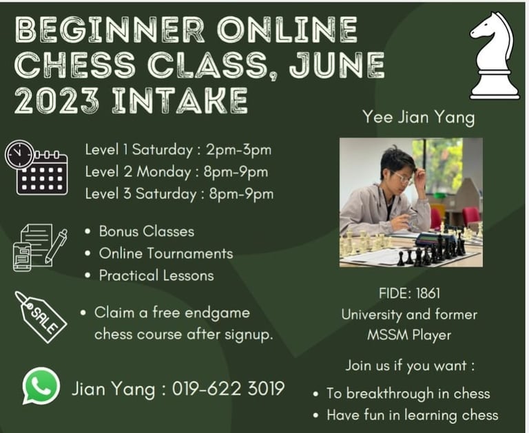 Malaysia Chess Beginner Online Chess Class by Coach Yee Jian Yang 