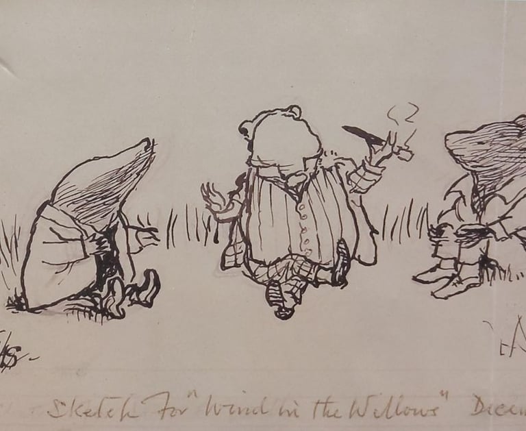 4" x 6" ink sketch of Rat, Mole & Toad by Ernest Shepard