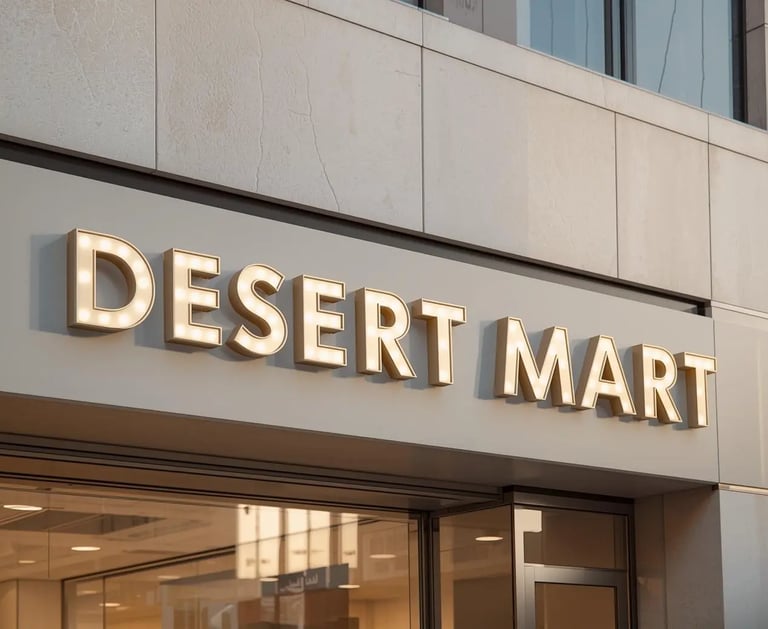 a desert mart sign on a building with a clock on it