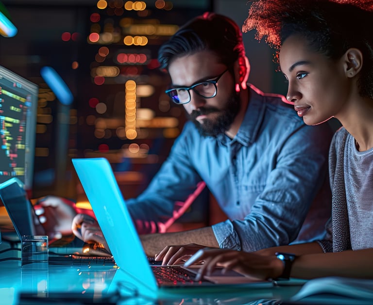 Homem e mulher trabalhando em um laptop, simbolizando desenvolvimento de tecnologias para projetos."