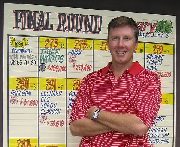 Casey standing in front of a final round summary where Tiger Woods won the Memorial Tournament.