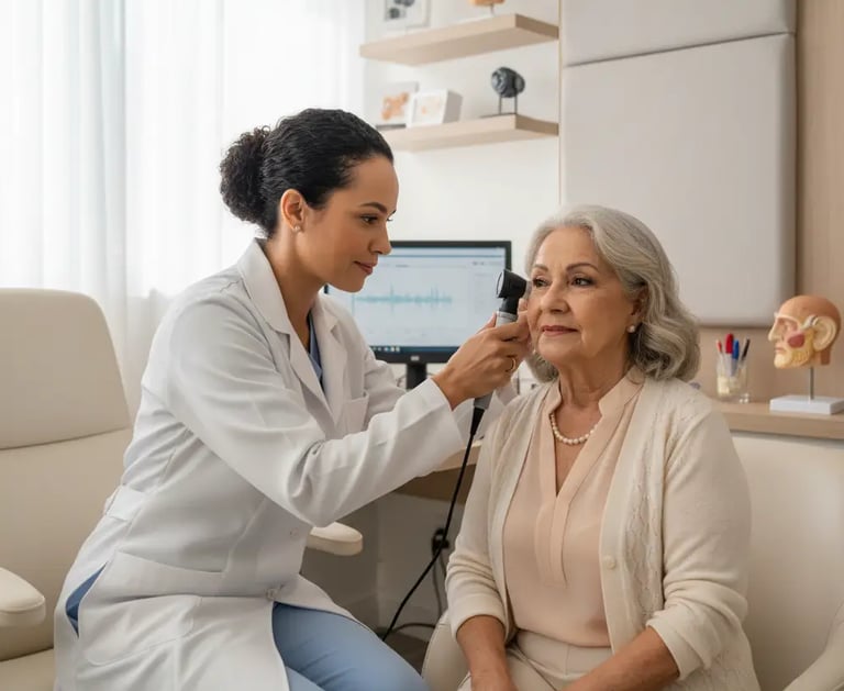 fonoaudióloga vestindo jaleco branco atende e examina orelha de senhora com otoscópio em consultório