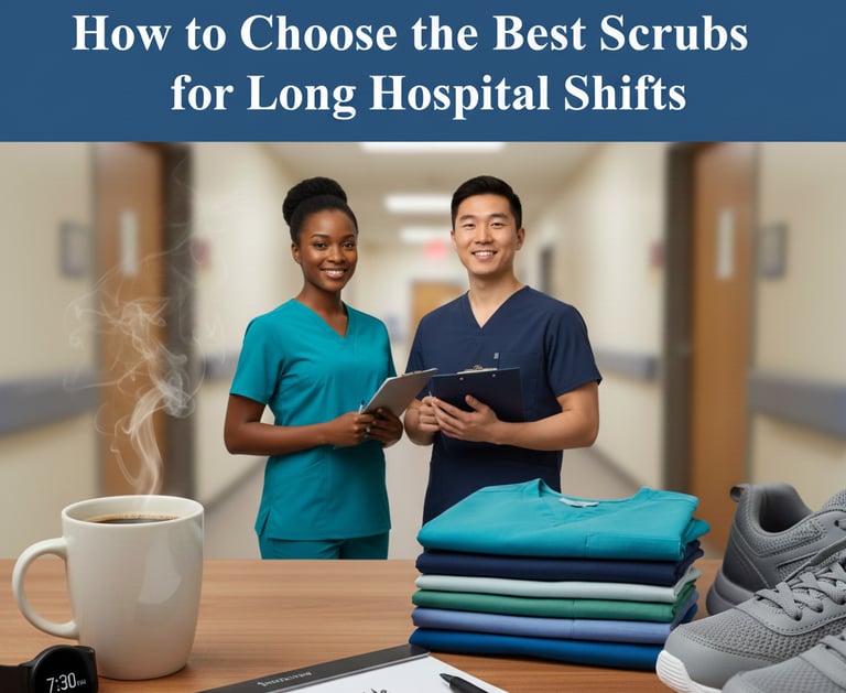 A high-quality  graphic featuring a stack of neatly folded medical scrubs in various shades
