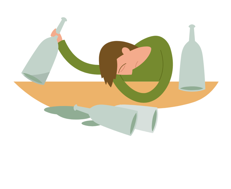 Drunk person with empty bottles on the table, symbolizing the effects of alcohol.