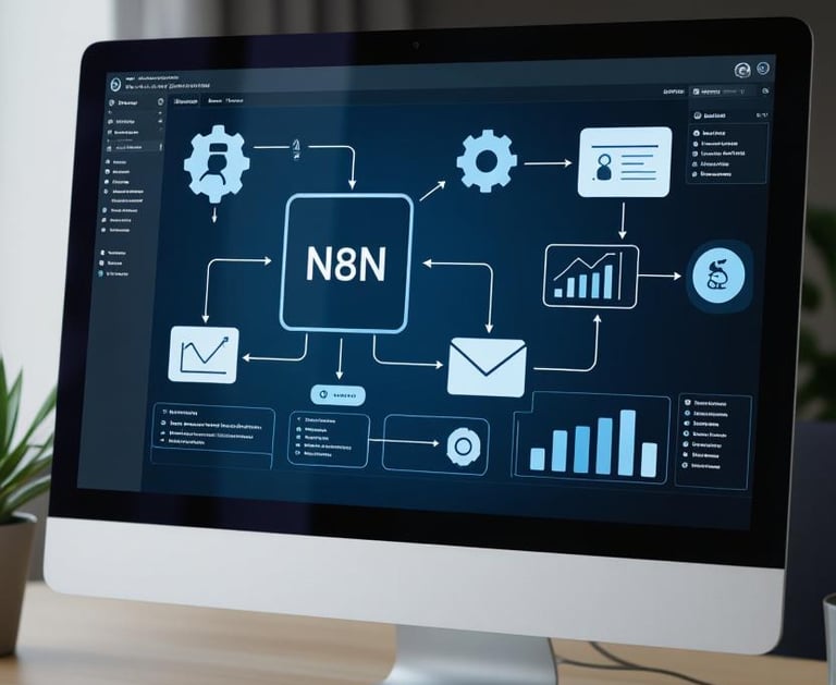 n8n workflow on screen with chatbot and analytics