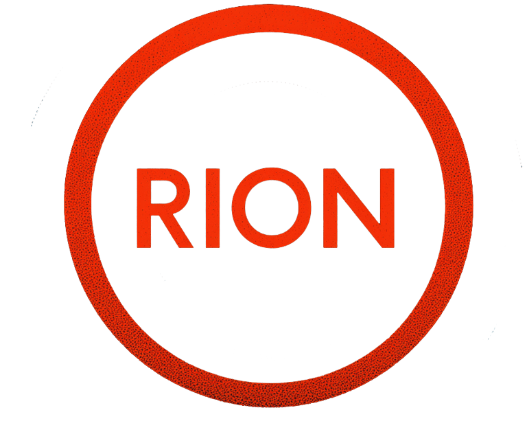 a red and black logo with the word, RION.