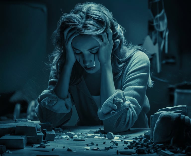 Woman crying with multiple medications on the table, symbolizing depression and anxiety.