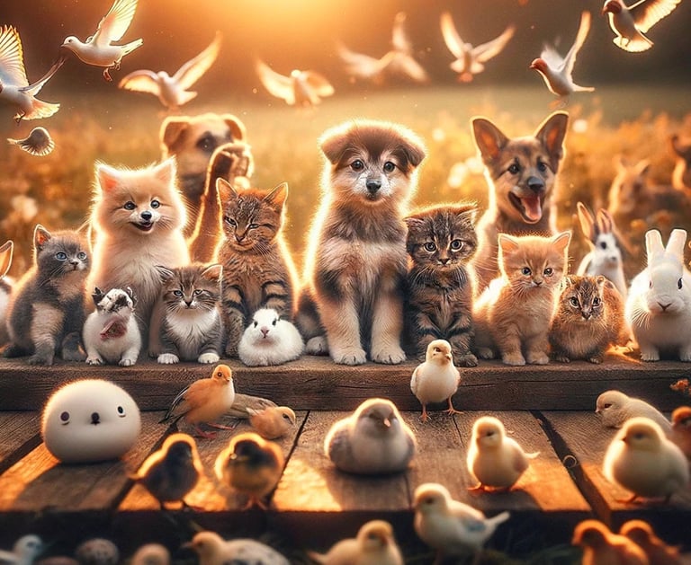 Grupo de animales reunidos, simbolizando el cuidado y respeto por todos los seres vivos.