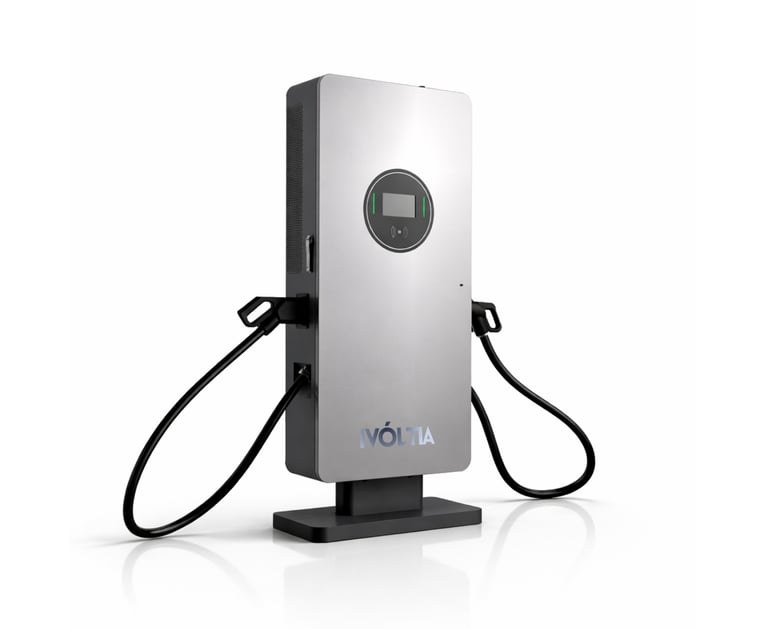 iVoltia 60-80kW commercial EV charging station with dual charging cables and digital display.