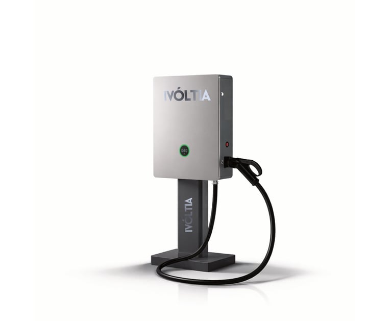 iVoltia sleek silver electric vehicle charging station with integrated cable and pedestal mount.