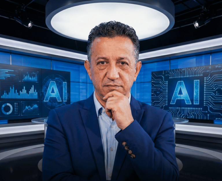 Mohammed Baida speaking from a modern news studio with digital screens behind him.