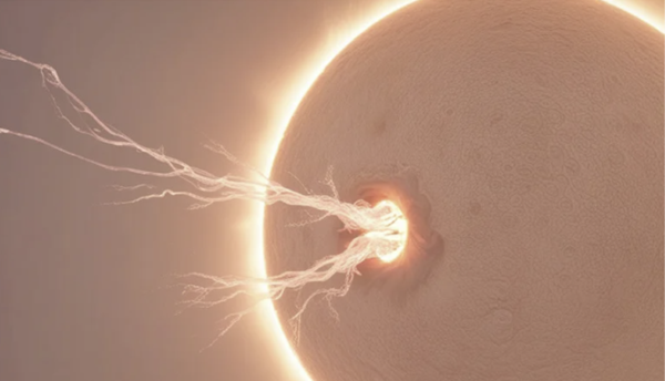 A 3D medical illustration of a human sperm cell fertilizing an egg during conception.