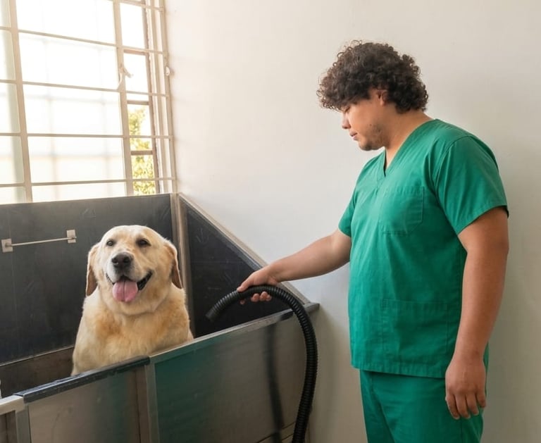 Peluquero profesional de mascotas con uniforme verde secando a un golden retriever en una bañera.