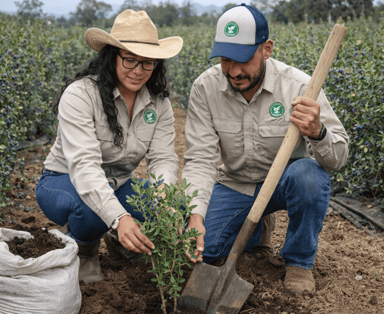 Agricultores plantando un arbusto joven de arándanos en un campo de bayas orgánicas.
