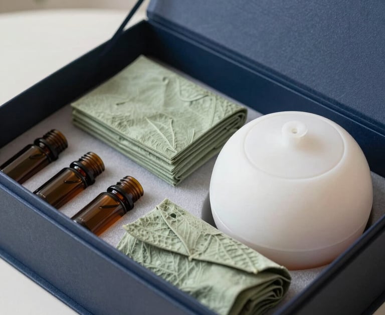 A photorealistic, high-end product shot of a bespoke corporate wellness gift box. Inside the sleek m