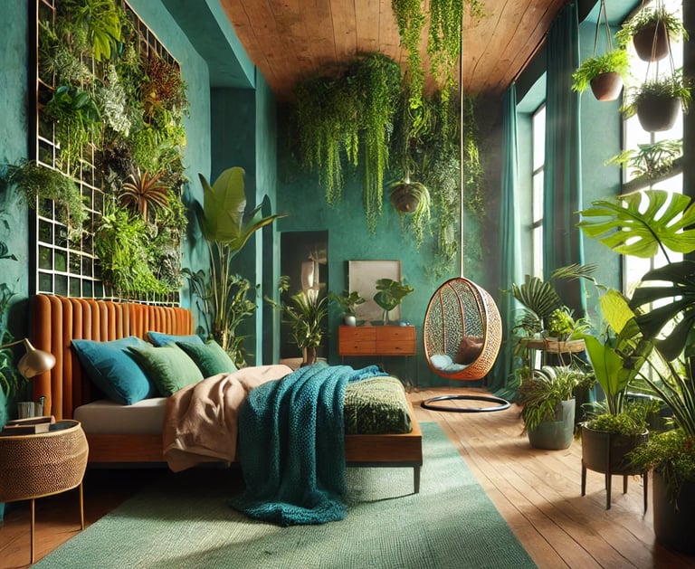 bedroom with lush greenery and natural materials