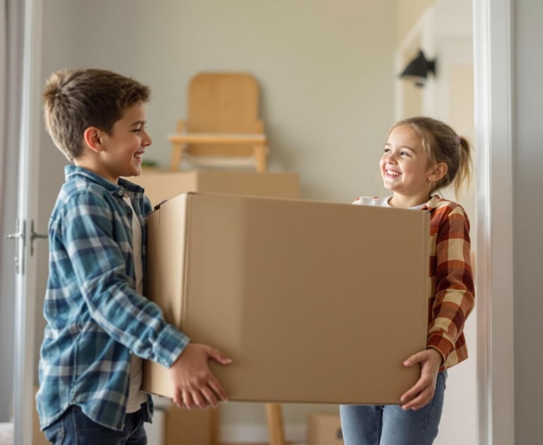 kids carrying box in new home