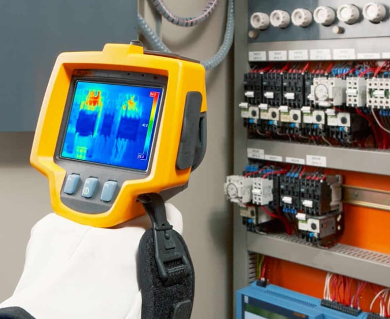 An electrician uses a thermal imaging camera to perform an infrared inspection on an electrical panel.
