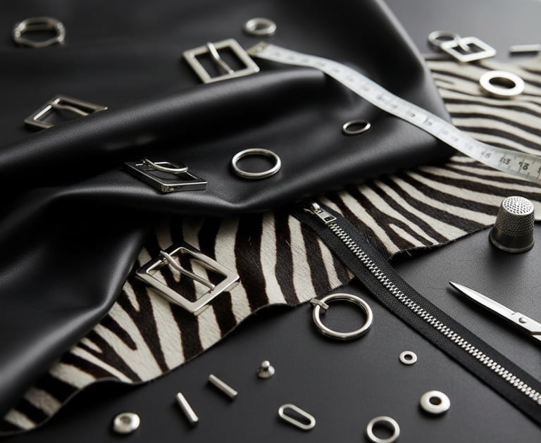 Black leather and zebra print fabric with metal buckles, zippers, and sewing tools for fashion design.