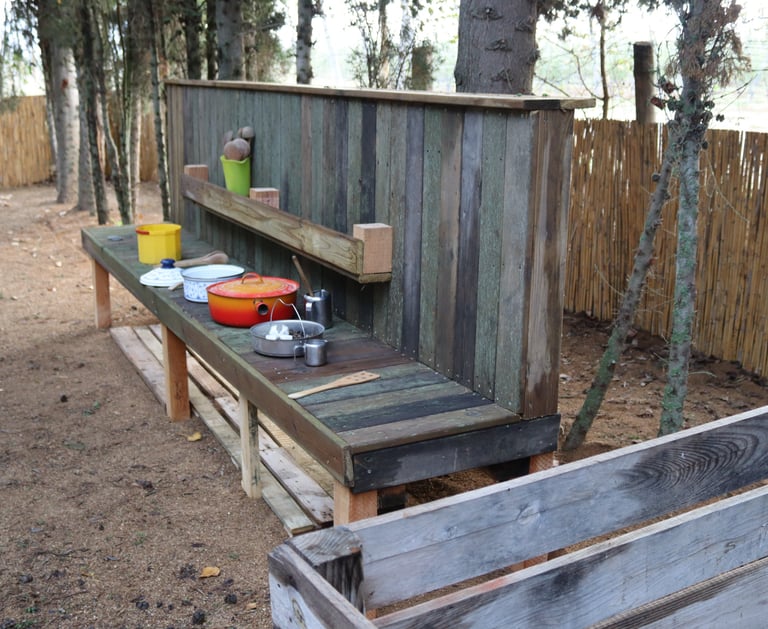 Espai de joc i aprenentatge a l’aire lliure construït amb fusta, on infants comparteixen joc.