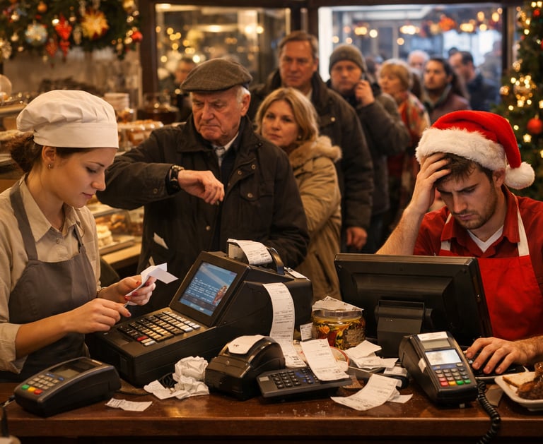Confitería con cola de clientes en hora punta donde los empleados gestionan pagos con TPV y datáfono