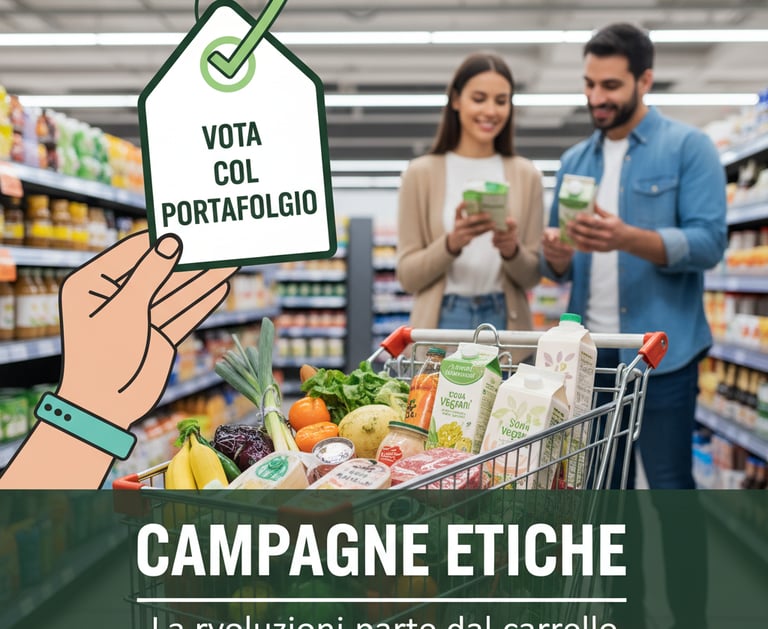 Coppia sorridente guarda gli smartphone mentre fa la spesa in un supermercato, con un carrello che m