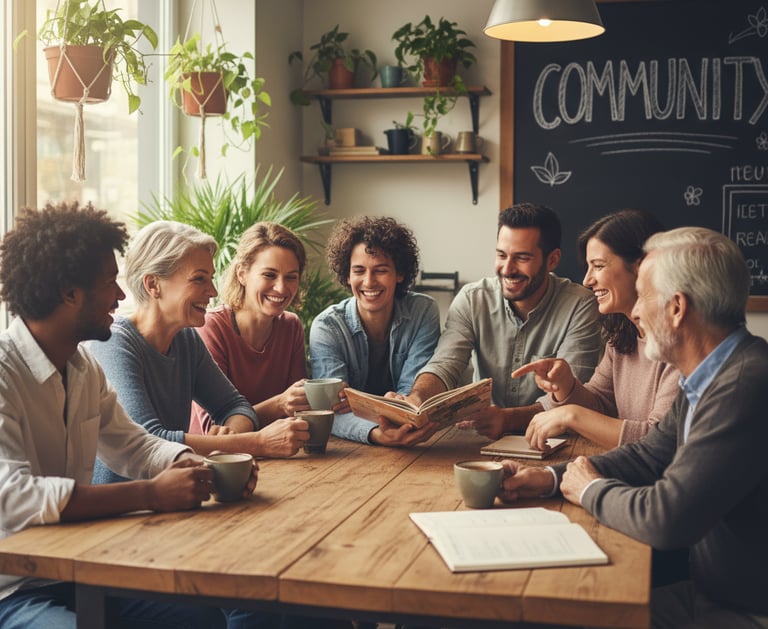 Gruppo eterogeneo di persone sorridenti che interagiscono in un ambiente accogliente."