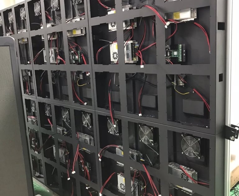 Rear view of an LED display panel wall showing internal wiring, power supplies, and cooling fans.
