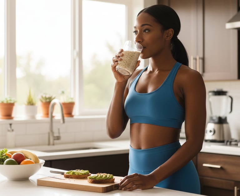 Athletic woman drinking a smoothie or overnight oats for nourishing whole food breakfast.