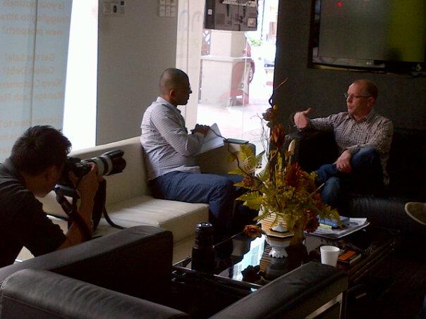 author rob hamilton getting photographed and interviewed