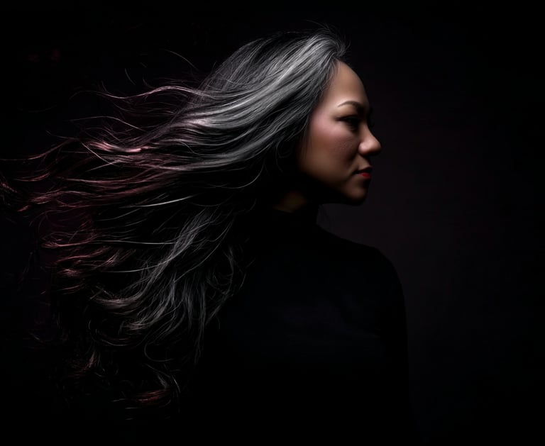 A dramatic lit portrait of Elda Orozco against a stark, pitch-black background, matching the site's magical realism style