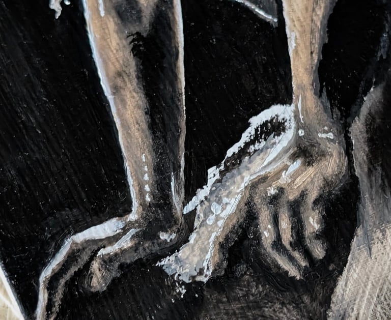 detalle de óleo original en venta de elperrolatinta, pintura figurativa en negro con claroscuro y estilo propio