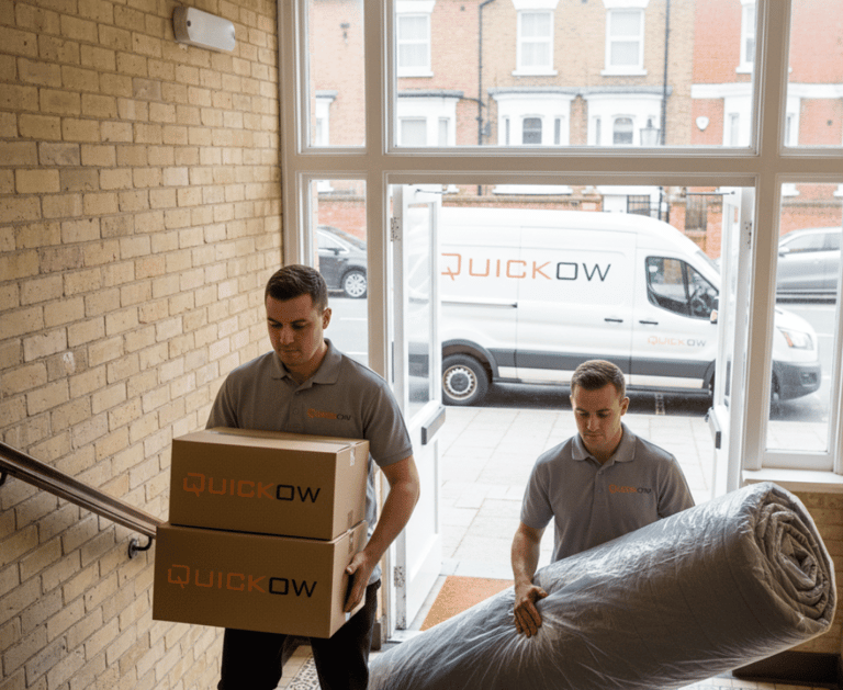 Quickow removal team with branded packing boxes during a house move.