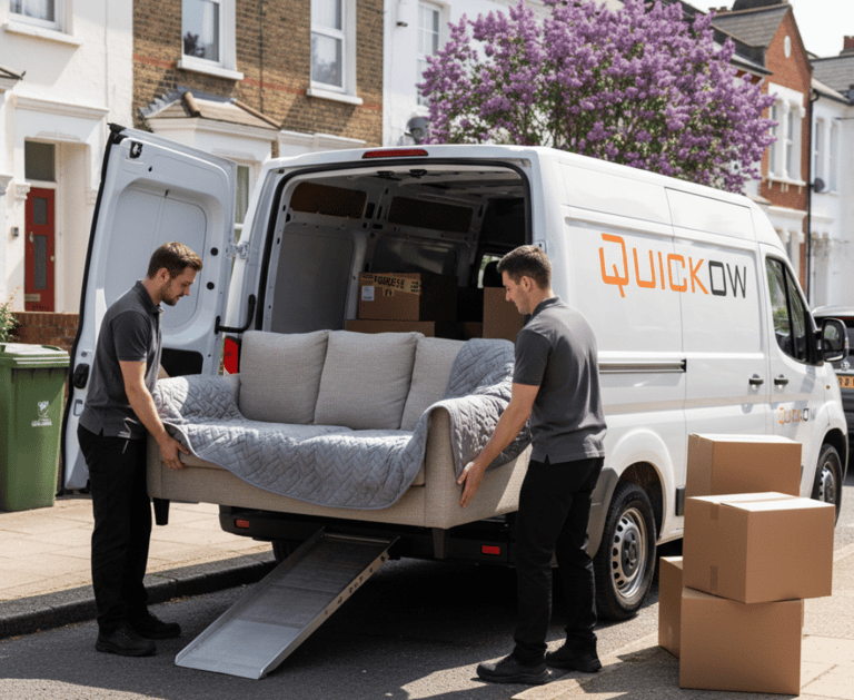 Quickow man and van team loading furniture into a moving van in the UK
