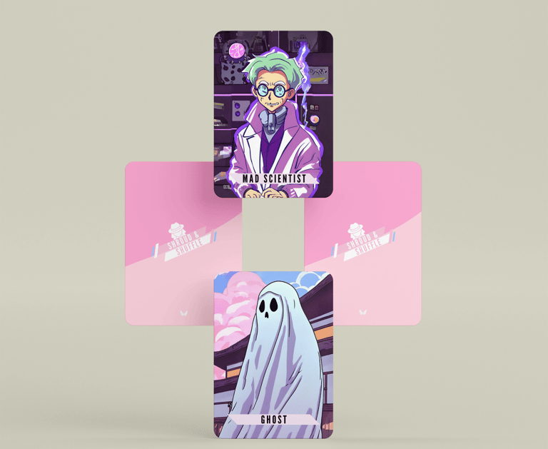 a set of four Shroud & Shuffle cards, two face down, and Mad Scientist and Ghost face up.