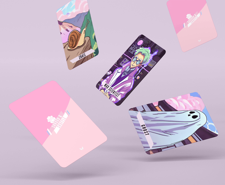 5 Shroud & Shuffle cards, two face down, Snail, Mad Scientist and Ghost face up.