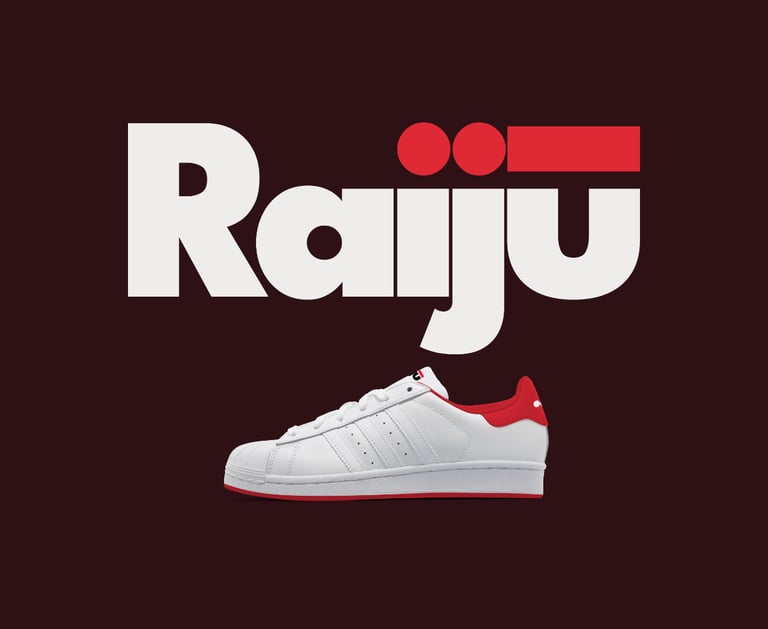 Raiju brand logo on dark red background with a white shoe underneath