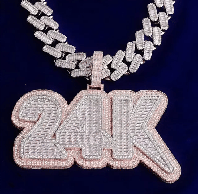 A custom VVS Moissanite pendant created for a A client that reads, "24k" 
