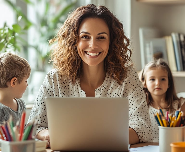 Mujer sonriente trabaja en laptop acompañada de niños, representa emprendimiento desde casa, mujer, hijo, equilibrio familiar