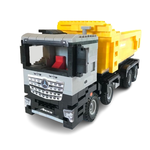 a lego - like truck with a yellow dumpster. Taller Corporasti regalos empresariales