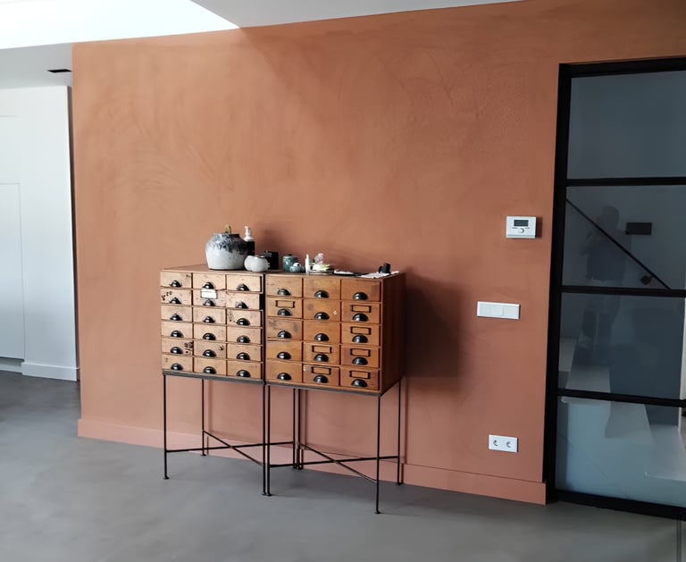 a room with a table and a cabinet with drawers